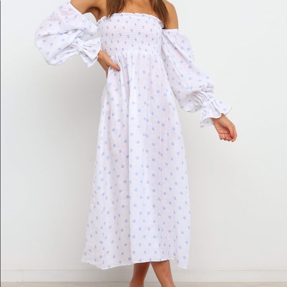 Petal & Pup Dresses & Skirts - petal + pup off shoulder midi dress white w/ blue dots size 2 NWT